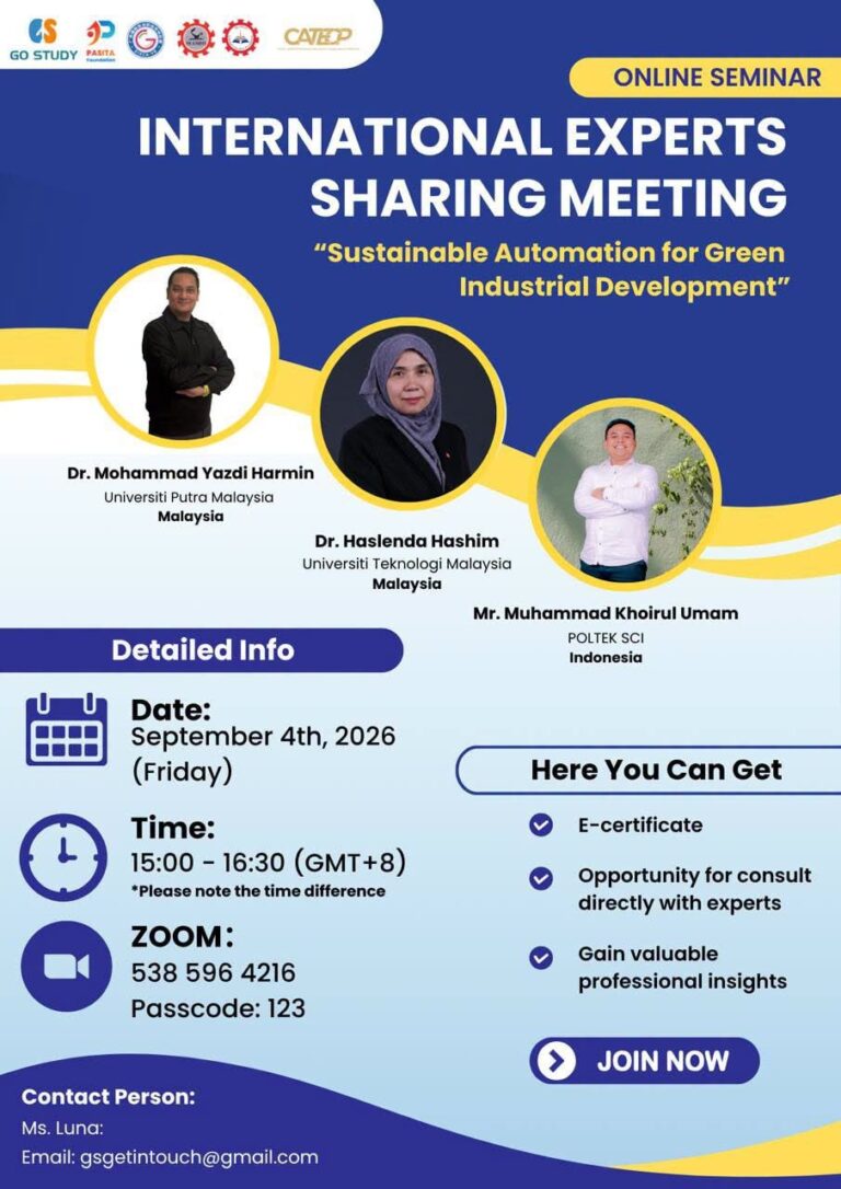 ONLINE SEMINAR NTERNATIONAL EXPERTS SHARING MEETING “Sustainable Automation for Green Industrial Development”